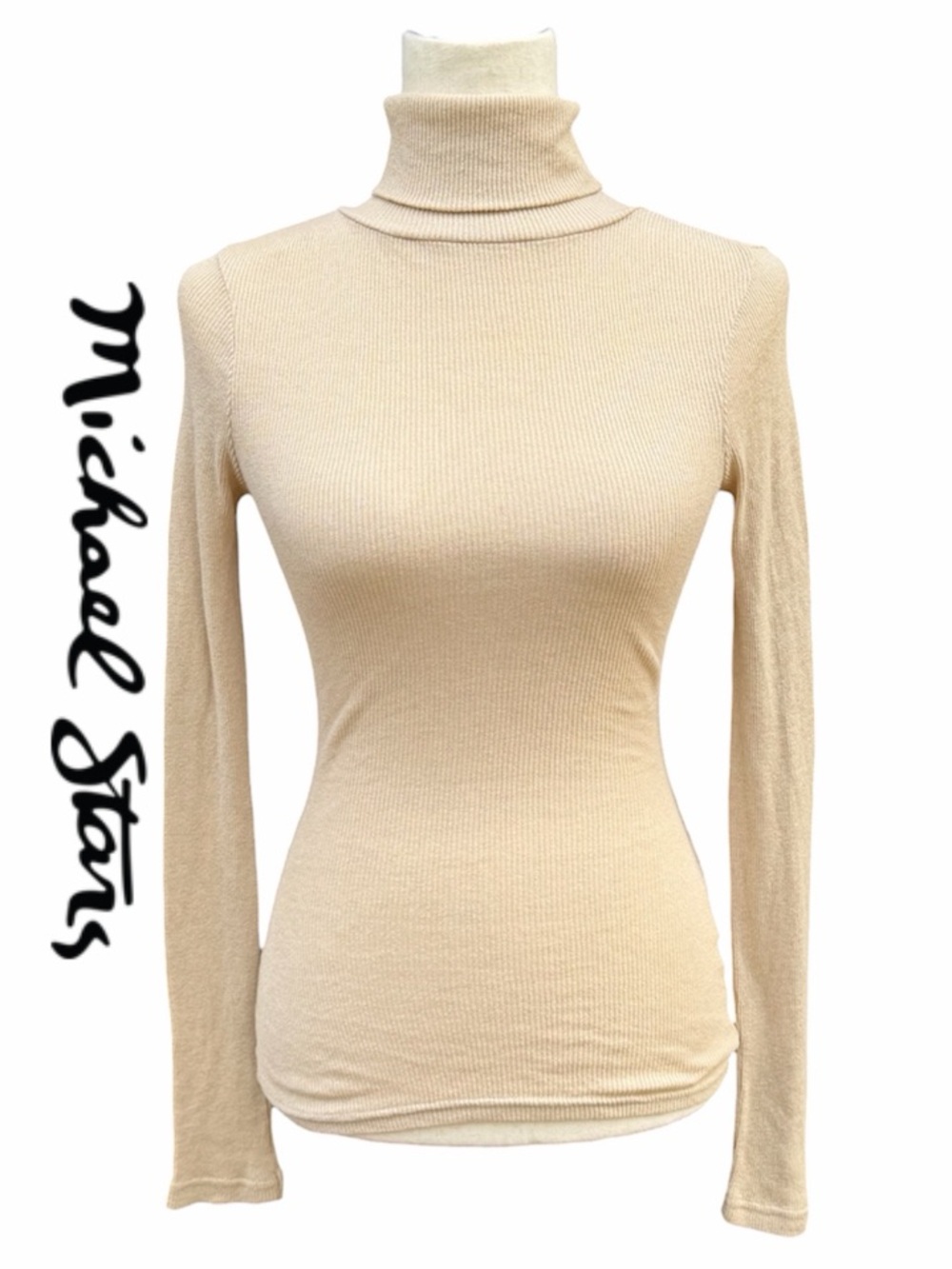 Michael Stars Cream Beige Ivory Tan Ribbed think knit Turtleneck Long Sleeve Top